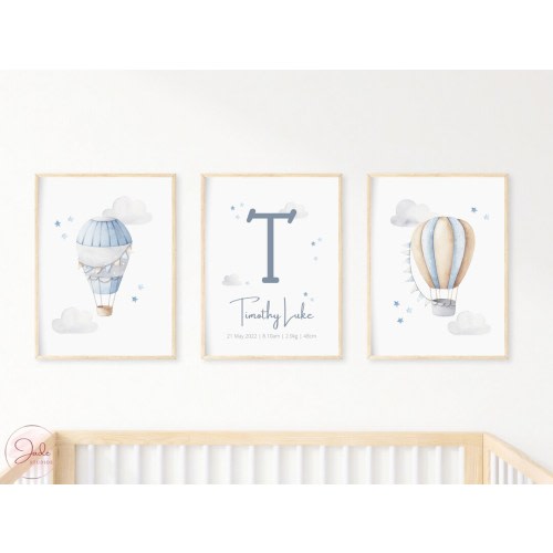 Set of 3 Personalised Hot Air Balloon Prints, Name Print, Birth Poster, Custom Nursery Initial Print, Baby Boy Gifts