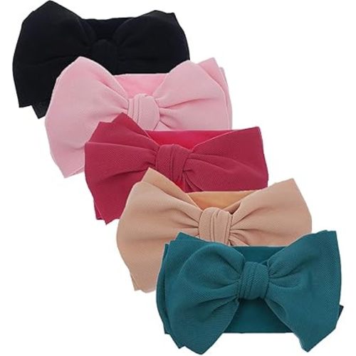 KIDOCHEESE Hairband, Baby Girl Bows Nylon Headbands with Bows, Handmade Hairbands Elastics Hair Accessories for Newborn Infant Toddlers Kids, 5 Pcs(KK69-01)