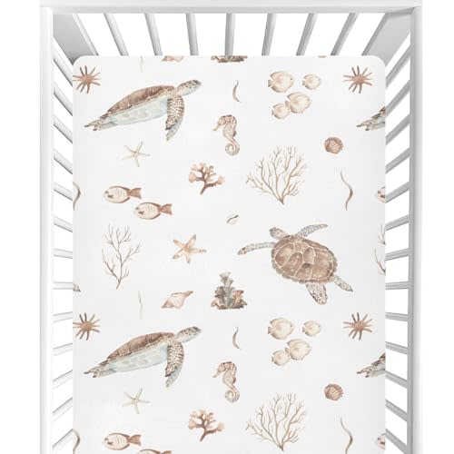 CaTaKu Crib Sheets for Girls Boys Sea Turtles Seashells Baby Sheets for Crib,Neutral Toddler Mini Crib Mattress Sheets Fitted for Nursery Bed 27"x 39"