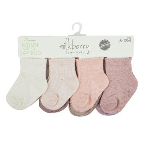 Milkberry 8 Pack Rayon Of Bamboo Baby Socks Non-slip Gripper Baby Girl Solid Pastel Texture Size 6-12 Months