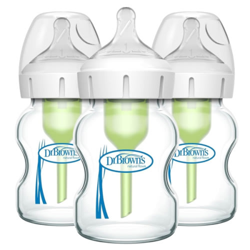 Dr. Brown's Natural Flow Anti-Colic Options+ Wide-Neck Glass Baby Bottles 5 oz/150 mL, with Level 1 Slow Flow Nipple, 3 Pack, 0m+