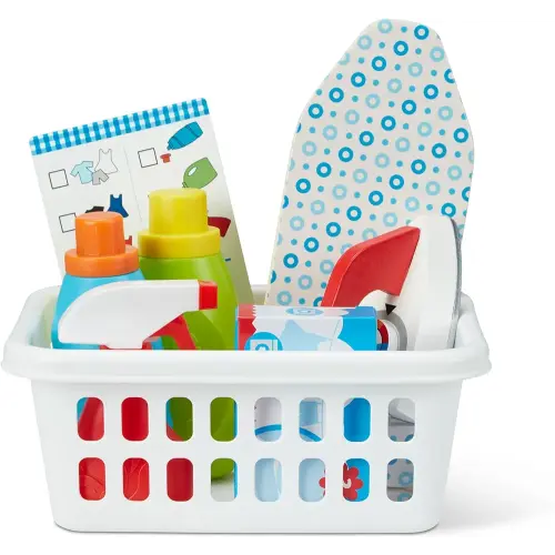 Melissa & Doug Laundry Basket Pretend Play Set With Wooden Iron, Ironing Board, and Accessories (14 Pcs) For Kids