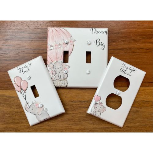 Pink Baby Elephant light switch plate cover // Dream Big // safari baby's nursery room // balloons FAST SHIP!