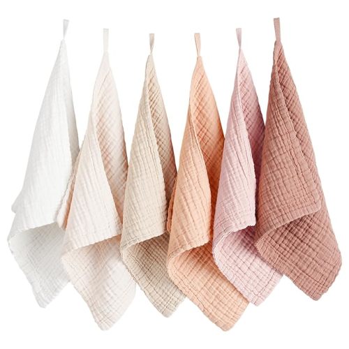 Konssy 6 Pack Baby Muslin Washcloths for Unisex 100% Cotton Wash Cloth Set for Baby Face Body Comfy and Soft for Newborn Infants Kids Girls and Boys - Earthy Color