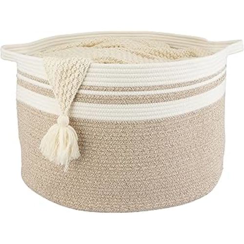 Large Cotton Rope Basket Blankets Basket Living Room 22"x14" Toy Basket for Kids Rope Storage Basket for Nursery Woven Laundry Basket for Clothes Towels Baby Toy Storage round white brown