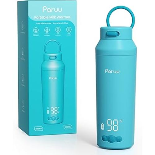 Paruu Portable Bottle Warmer for Travel, Easy-Clean Wide Mouth, Portable Milk Warmer with Fast Heating for Night Feeding, 7-Temp Control, Large 12oz Capacity, Ideal Gifts for New Parents, Blue