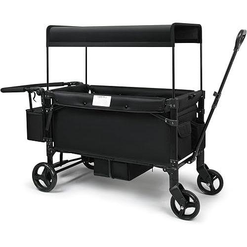 VOOI Stroller Wagon, 2 Seater Kids Wagon, Collapsible with 5-Point Harnesses, Zipper Door, Sun Canopy