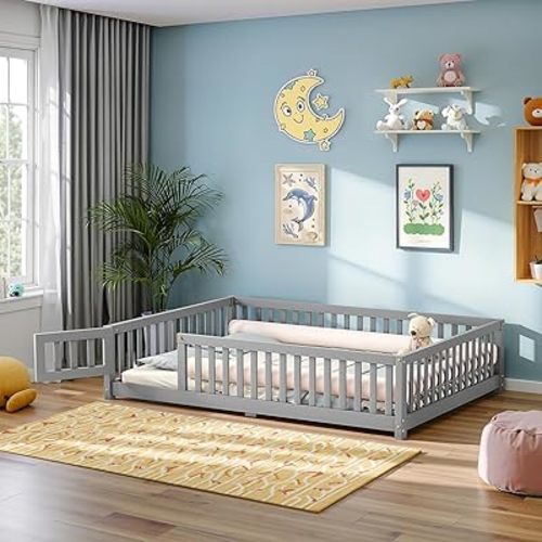 Twin Size Montessori Floor Bed with Safety Guardrails and Convertible Door, Sturdy Pine Wood Floor Bed Frame with Wooden Supports Slats for Toddlers Kids Girls Boys Bedroom (Grey)