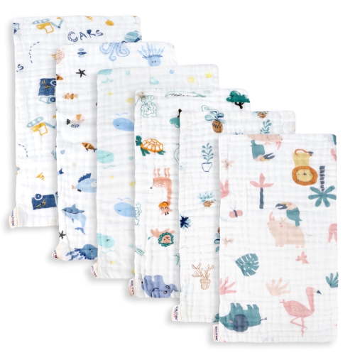 Maliton 6 Pack Baby Muslin Burp Cloth for Boys & Girls - 100% Cotton Extra Large 20"x10" - 6 Layers Thicken Super Soft Absorbent - White Animal