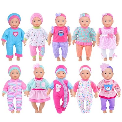 iBayda 10 Sets Doll Clothes & Accessories - Playtime Outfits with Hats and Headbands for 10/12/14 Inch New Born Baby Dolls (No Doll Included)