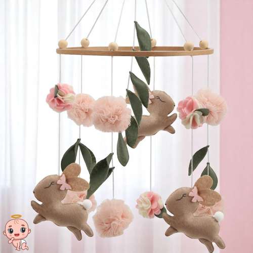 Handmade Bunny Baby Mobile: Woodland Nursery Decor with Tulle Pompoms