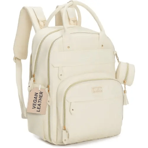 BabbleRoo Leather Diaper Bag Backpack - Baby Essentials Travel Baby Bag, Multi function, Water Resistant, with Changing Pad, Stroller Straps & Pacifier Case – Unisex, Eggshell White