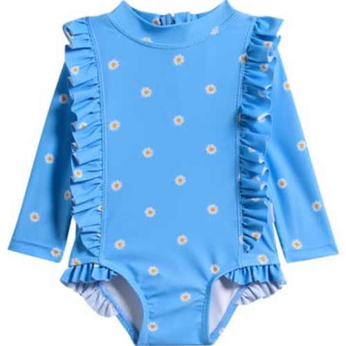 Daisy Chain Ruffle Long Sleeve UPF 50+ One-Piece Rashguard Swimsuit, 3-6M