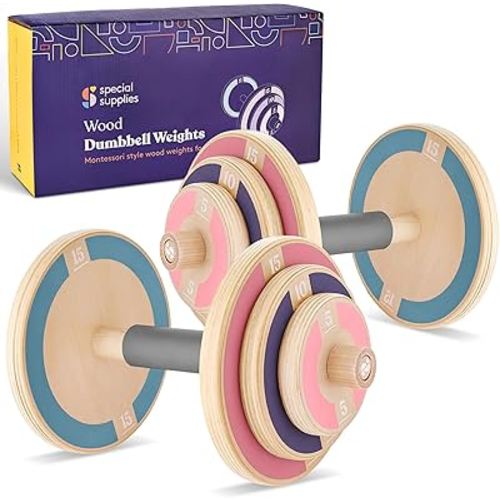 Special Supplies Kids Wooden Workout Play Weights Set - Adjustable Dumbbells Set for Home Gym Equipment, Exercise Workout Set for School or Home Fitness Activities, Pastel Colors (Set of 2 Dumbbells)