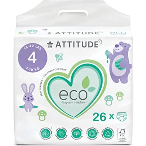 ATTITUDE Eco-Friendly Diapers, Non-Toxic, Hypoallergenic, Safe for Sensitive Skin, Chlorine-Free, Leak-Free & Biodegradable Baby Diapers, Plain White (Unprinted), Size 4 (15-40 lbs), 26 Count (16240)