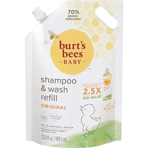 Burt's Bees Baby Shampoo & Wash Refill, Tear Free Non Irritating Soap, Gentle Plant Based Formula, Pediatrician Tested, Original - 33.8 oz