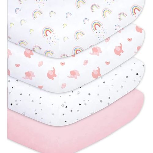 Crib Sheets for Baby Girls 4 Pack, 28"x 52" Extra Soft Microfiber Crib Sheet Set for Standard Crib & Toddler Mattress Pad, Rainbow & Elephant & Stars & Pink
