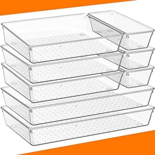 Criusia 8 Pack Large Clear Plastic Drawer Organizer Trays - 3 Sizes BPA-Free Acrylic Bathroom Drawer Organization Storage Bins, Non-Slip Drawer Dividers for Kitchen Utensils, Makeup, Office, Jewelry