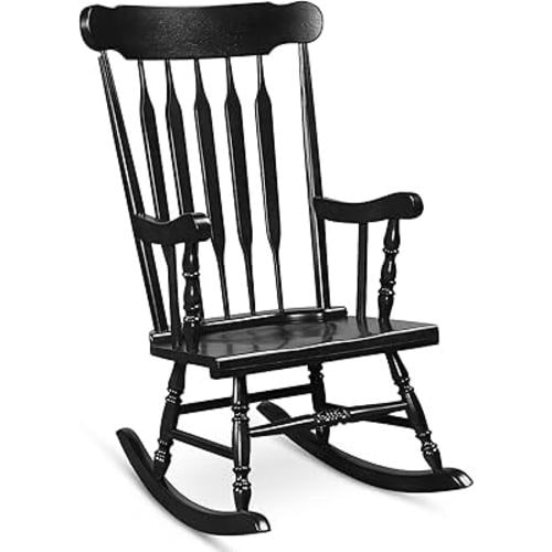 Tangkula Patio Rocking Chair Solid Rubber Wood, Outdoor Porch Rocker Chair with Rubber Wood Frame, Indoor Wooden Rocking Chair, Ideal for Garden, Backyard & Balcony (1, Black)