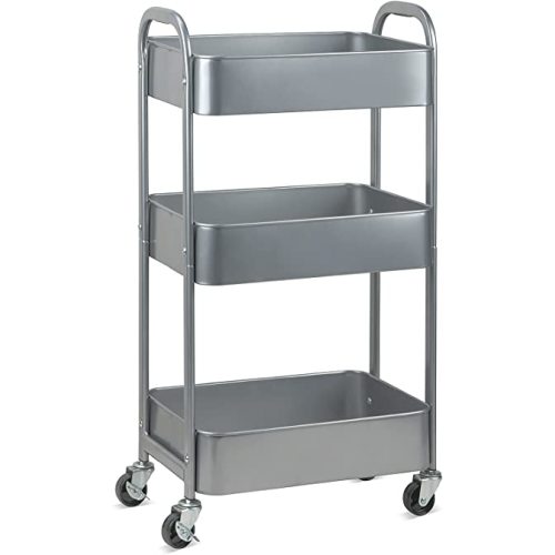 MAX Houser 3-Tier Kitchen Cart Multifunctional Rolling Utility Cart with Lockable Wheels, Storage Craft Art Cart Trolley Organizer Serving Cart Easy Assembly for Office, Bathroom,Kitchen(Silvery-Grey)