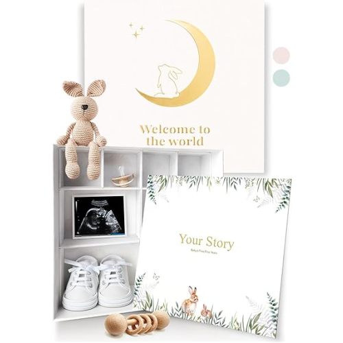 Baby Keepsake Box with Baby Memory Book - Baby Shower Gifts for Mom, Gender Reveal Gift Ideas - Cool Gifts for New Mom - Baby Journal Boy and Girl - Baby Books Keepsake First 5 Years, Scrapbook, Beige