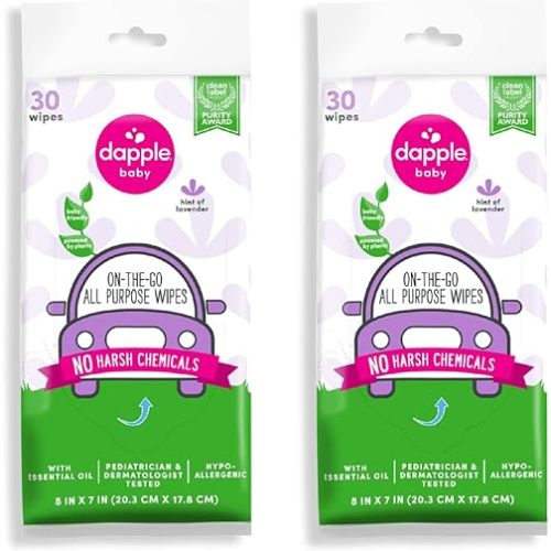 All Purpose Wipes by Dapple Baby, Hypoallergenic & Powered by Plants Cleaning Wipes, Hint of Lavender, 30 Count (Pack of 2)