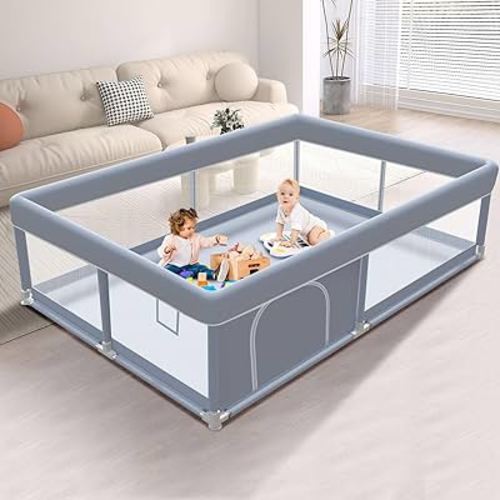 65 x 50 Inch Baby Playpen, Playpen for Babies and Toddlers, Baby Play Pen Playard for Indoor & Outdoor Active Center Game Fence, with Skin-Friendly Fabric and Soft Breathable Mesh, Grey