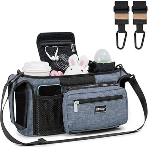 TOPDesign Universal Baby Stroller Organizer, Stroller Caddy with Heightened Insulated Cup Holders & Non-Slip Secure Hooks Accessories, Fits Most Strollers, Machine Washable (Blue)
