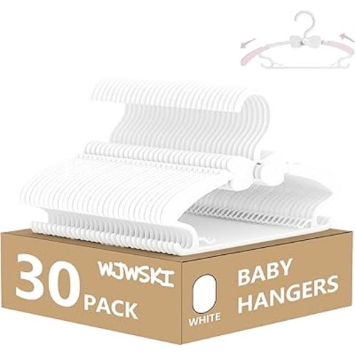 Baby Hangers 30 Pack, 11-14.5" Adjustable Kid Clothes Hangers for Newborn Closet, Plastic Non-Slip Small Infant Hanger for Toddler Pant, Child Coat Percha for Boy Nursery Clothing, Girl Dresses, White