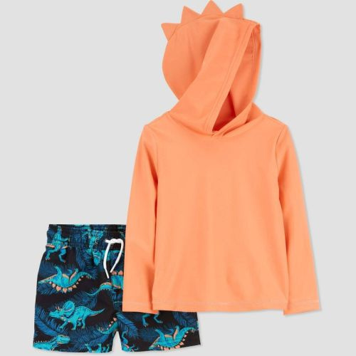 Carter's Just One You®️ Toddler Boys' Long Sleeve Hooded Dino Rash Guard Set - Navy Blue/Orange, Size: 12M