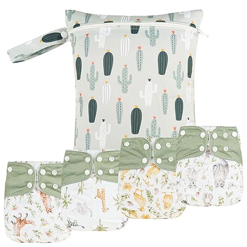 HappyFlute 9 Sets Newborn Baby Cloth Pocket Diapers Adjustable Reusable for Baby Boys and Girls(6-33 pounds,0-3 Years),One Wet Bag+4Diapers and 4Inserts (AD10)