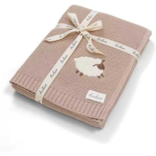 Avibae Knitted Cotton Baby Blanket 40x30in, Newborn Swaddling Receiving Blanket for Crib Stroller, Soft and Cozy Infant Blanket for Baby Boys and Girls(Lamb Light Camel)