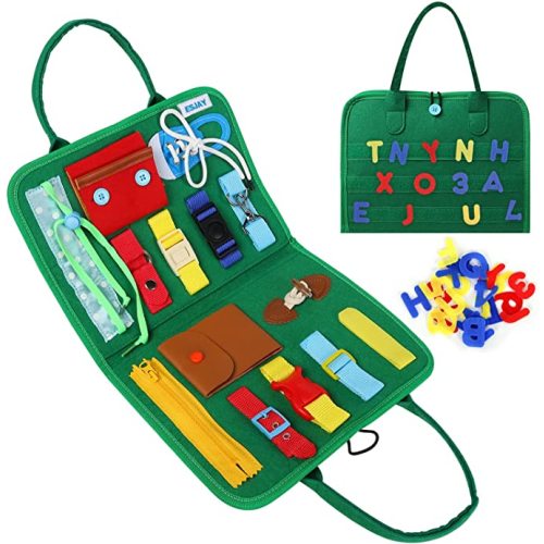 Esjay Toddler Busy Board, Montessori Toys to Learn Fine Motor Skill, Educational Sensory Board for 3+ Year Old, Toddler Activities for Travel Airplane Car,Green Alphabet