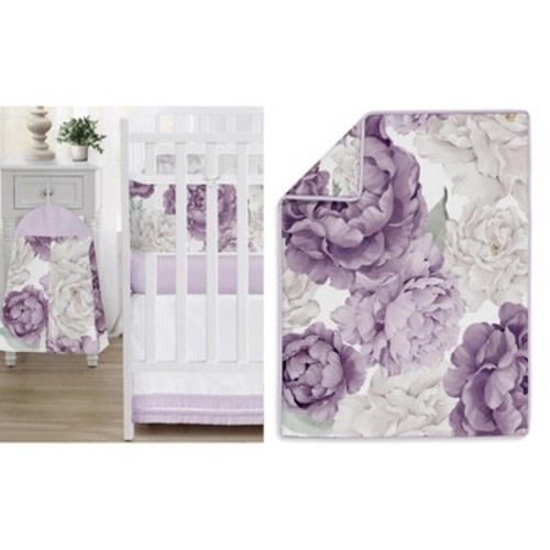 Sweet Jojo Designs Girl Crib Bedding + BreathableBaby Breathable Mesh Liner Pad Peony Floral Garden Purple Ivory and Green