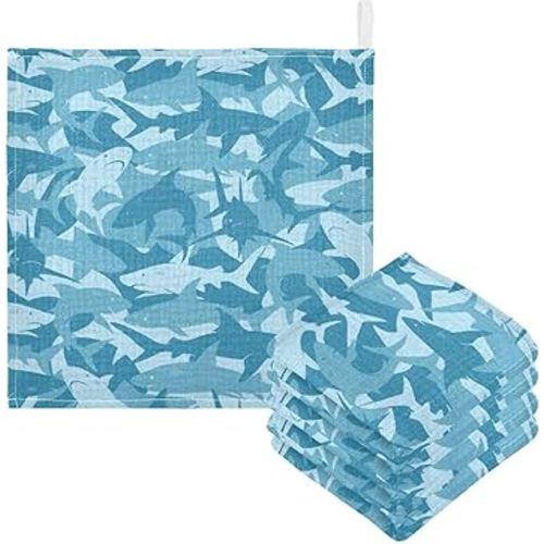 Shark Baby Muslin Washcloths 5 Pack, Absorbent Soft Cotton Baby Bath Face Towels Burp Cloths for Newborn Boys Girls, 12 x 12 Inch