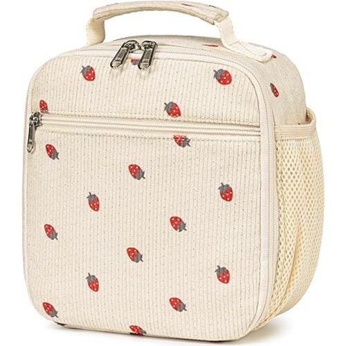 LEDAOU Lunch Box Kids Lunch Bag Insulated Cute Lunchbox Reusable Small Toddler Lunch Bags for School Travel or Picnic(Strawberry beige)