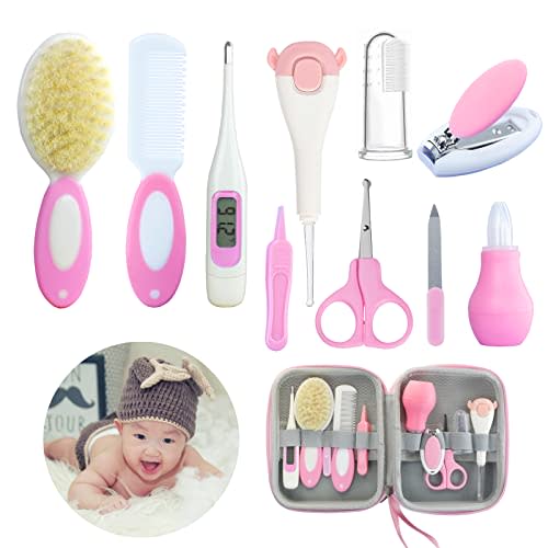 ZELINYE Baby Care Kits,Baby Grooming Kit,10 in 1 Newborn Essentials Must Haves,Baby Nail Clippers Baby Brush Baby Comb Earpick Nose Cleaning Tool Baby Nail File Nursing Baby Kit （Pink）