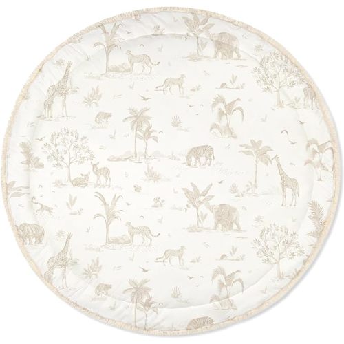 MakeMake Organics Organic Play Mat GOTS Certified Organic Cotton Nursery Floor Rug Washable Reversible Non Toxic Activity Mat Tummy Time Crawling Pad Thick Quilted (Round 48", Safari)