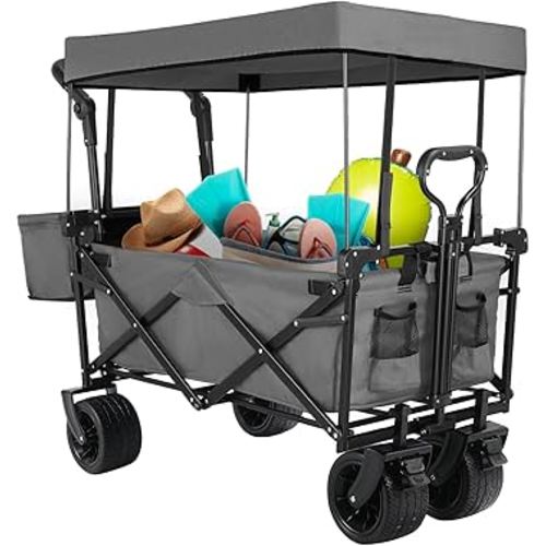AthLike Outdoor Push Pull Collapsible Beach Wagon, Heavy-Duty 7“ All-Terrain Folding Cargo Cart, with Removable Canopy, 2 Cup Holder, Adjustable Handles, Extra Pocket for Shopping, Picnic (Gray)