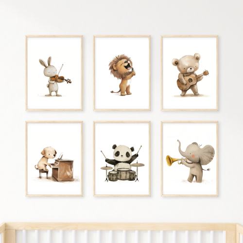 Animals Playing Instruments Posters Nursery Print Set of 6 Bear Playing Guitar Violin Gifts Musician Musical Wall Art Music Gift for Toddler