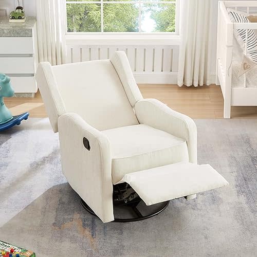 Nursery Glider Recliner Chair for Adults, Modern Swivel Rocker Recliners with Footrest, Comfy Chenille Rocking Chair Nursery for Living Room, Bedroom, Beige
