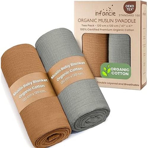 Organic Cotton Muslin Baby Blanket - 47x47 Inch Breathable Swaddle, Hypoallergenic Double-Layer, Versatile Use (Gold/Sage)