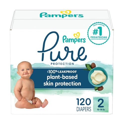 Pampers Baby Diapers - Pure Protection - Size 2, 120 Count, for up to 100% Leakproof, Premium Plant-based Skin Protection