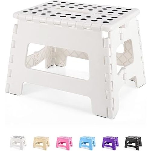 Dyforce Folding Step Stool 9 Inch, Kids Step Stool, Heavy Duty Step Stools for Adults, Compact Foot Stools, Light-Weight Toddler Step Stools for Kitchen, Bathroom, Holds Up to 300 lbs (White)