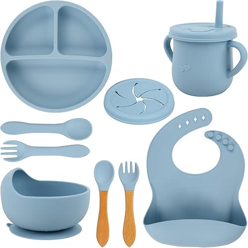 9 PCS Silicone Baby Feeding Set, Food Grade BPA Free Essentials for Toddler Kids, Weaning Supplies Include Baby Plates and Bowls Baby Bib Suction Divided Plates Soft Bowl Spoons Forks (Dark Blue)