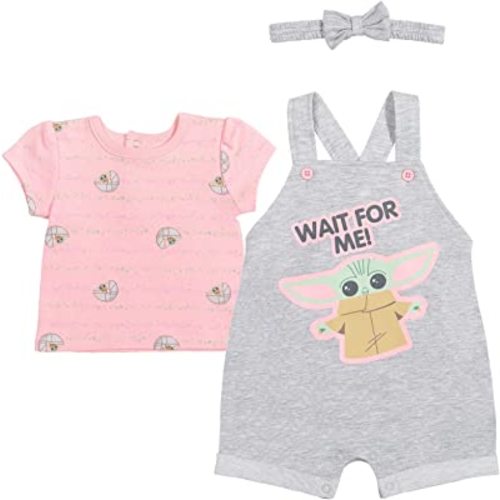 STAR WARS The Child Baby Girls French Terry Snap Short Overalls T-Shirt and Headband 3 Piece Outfit Set Newborn to Infant