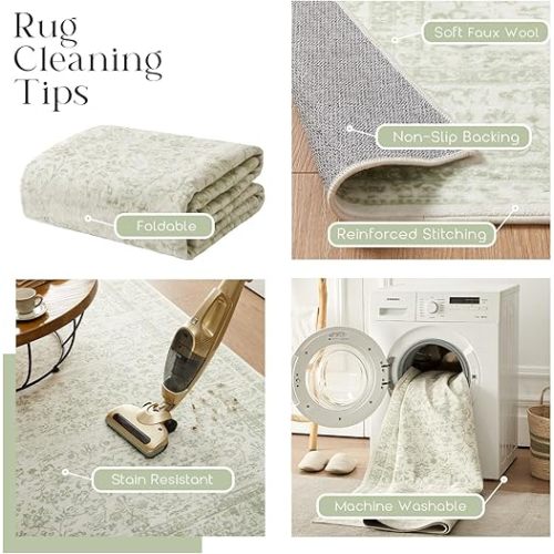 Nursery Rug for Baby Girl Boy,Washable Floral Print Sage Green Boho Area Rugs 6x9,Light Green