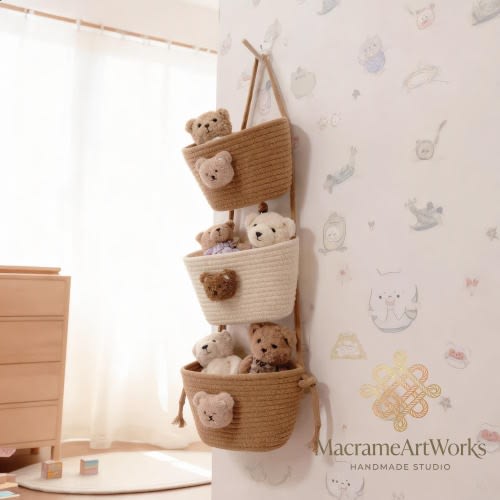 Hanging Nursery Basket, Toy Organizer, Handmade Kids Storage, Bear Room Decor, Baby Organizer