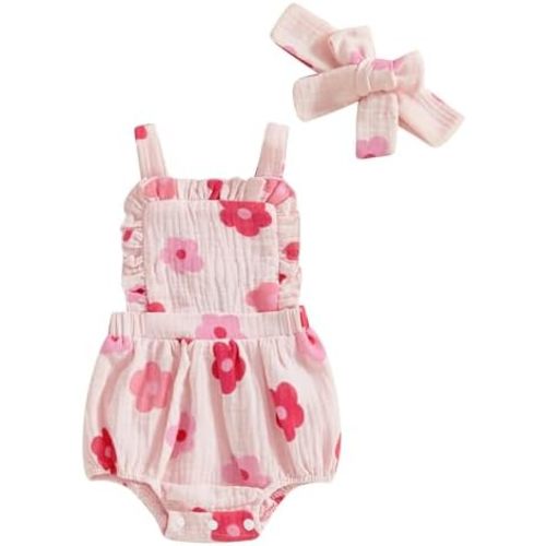 Newborn Infant Baby Girl Summer Clothes Boho Floral Cotton Linen Overall Bubble Romper Sleeveless Suspender Jumpsuit