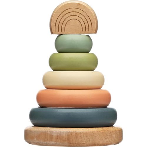 Pearhead Wooden Stacking Rainbow Toy, Baby and Toddler Ages 12+ Months Montessori Toy, Interactive Stackable Rings Learning Toy, Baby Girl or Baby Boy Nursery Accessory